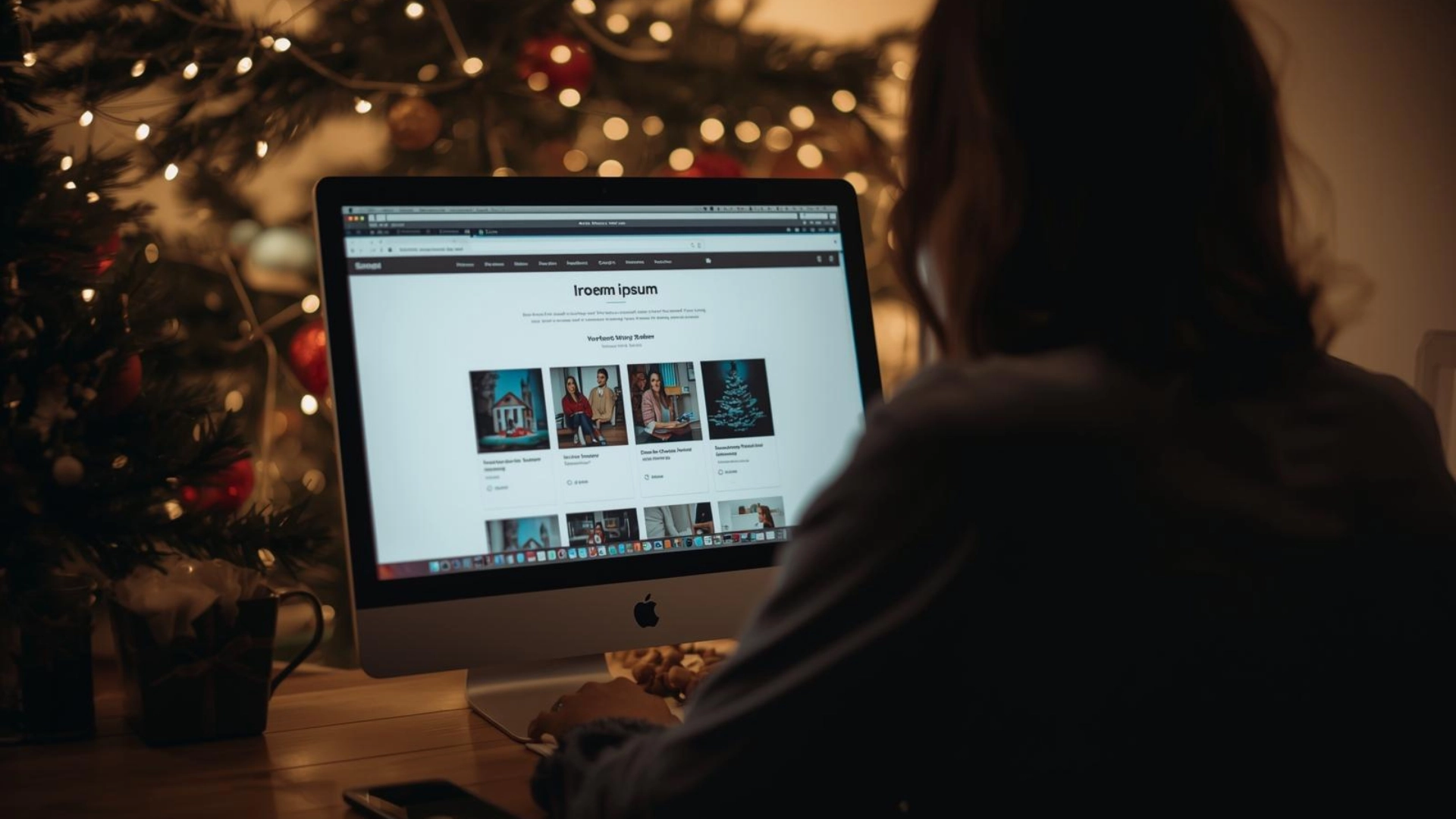 Persona al computer con luci natalizie sullo sfondo, metafora della valutazione della presenza digitale e del sito web aziendale a fine anno
