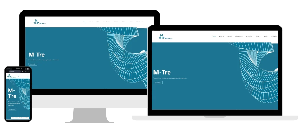 Sito web M-Tre visualizzato su desktop tablet e smartphone responsive