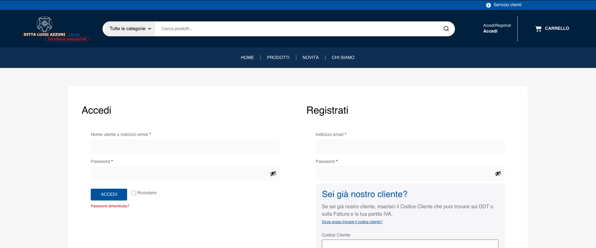 Pagina di login e registrazione dell’eCommerce Azzoni Lecco su WooCommerce