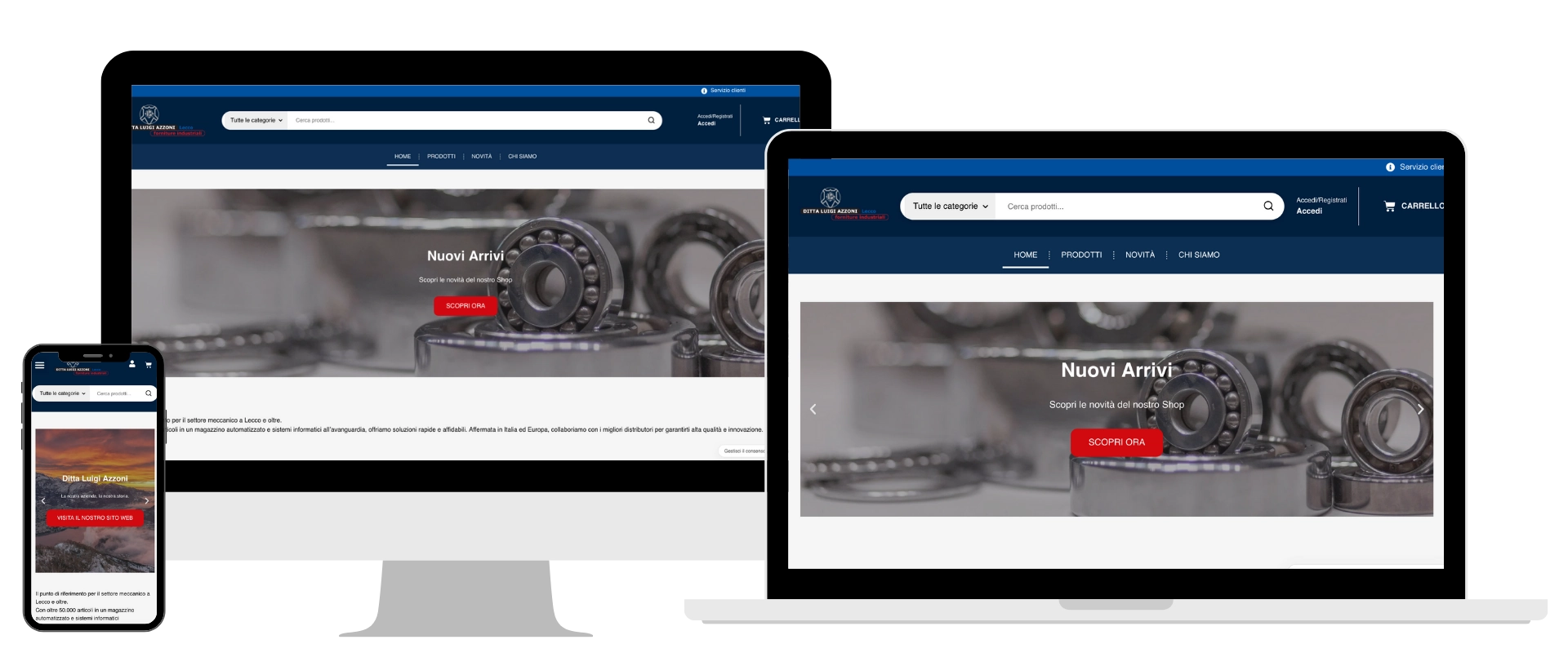 Vista responsive dell’eCommerce Azzoni Lecco su WordPress e WooCommerce su desktop, tablet e smartphone