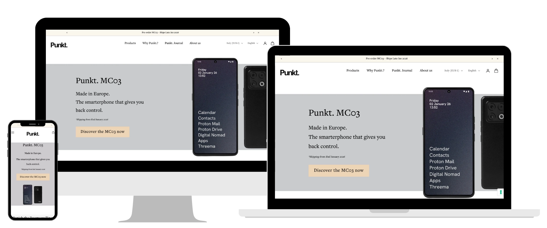 Vista responsive dell’eCommerce Punkt. su Shopify su desktop, tablet e smartphone