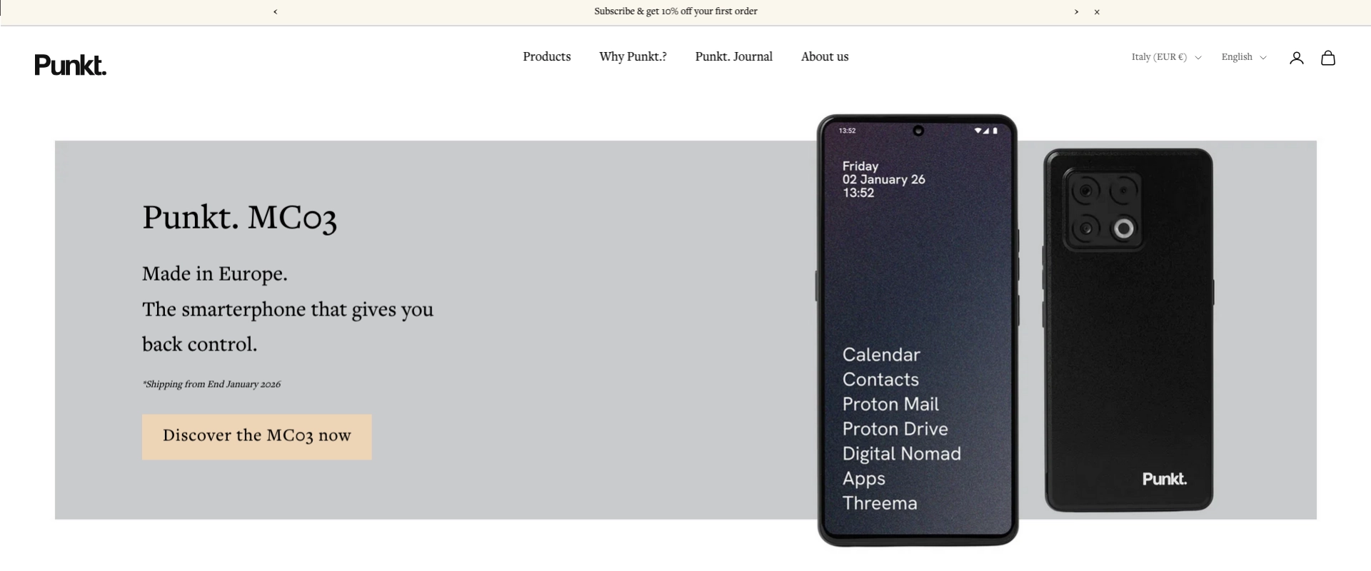 eCommerce Shopify Punkt Hero eCommerce Shopify di Punkt. con smartphone MC03 e messaggio “The smartphone that gives you back control”