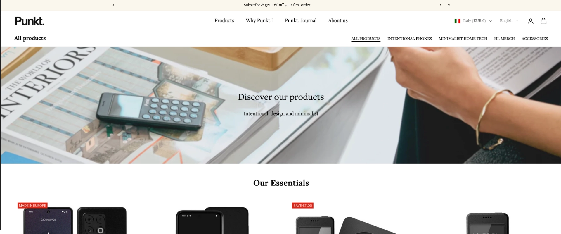 eCommerce Shopify Punkt Pagina catalogo prodotti dell’eCommerce Punkt. su Shopify con dispositivi minimal design