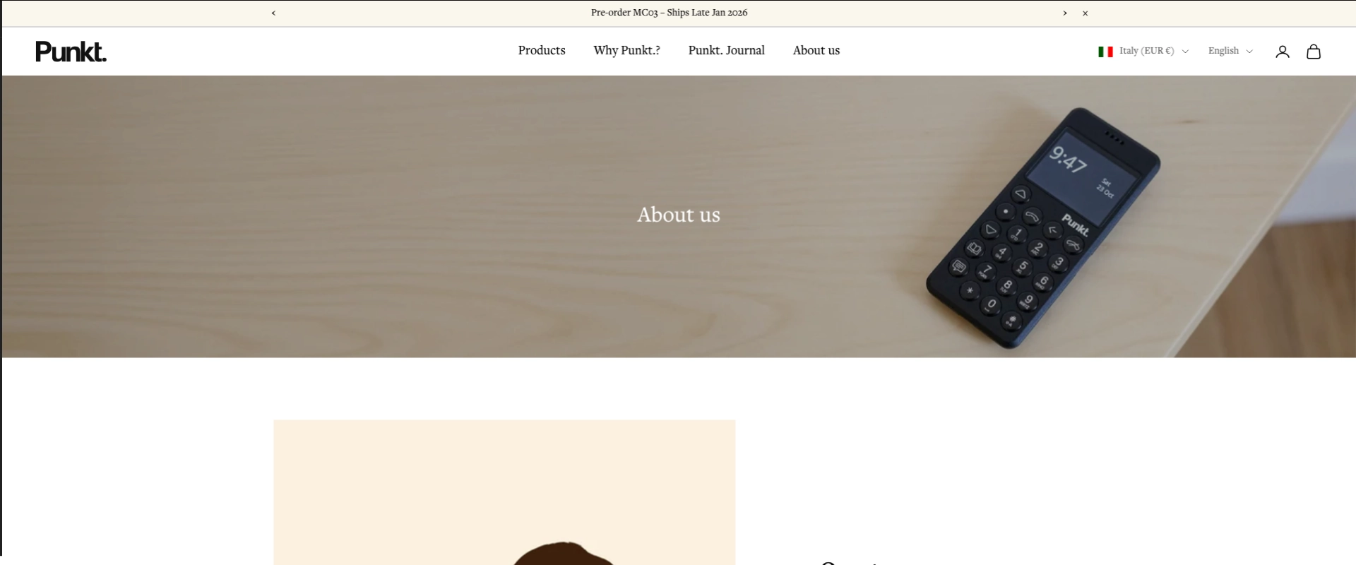 eCommerce Shopify Punkt Pagina About us del sito Punkt. con dispositivo iconico su sfondo minimale