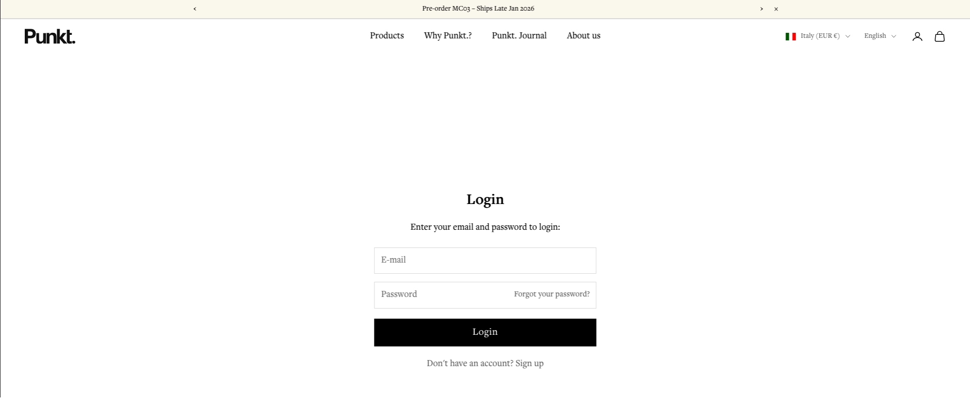 eCommerce Shopify Punkt Pagina login dell’eCommerce Punkt. sviluppato su Shopify