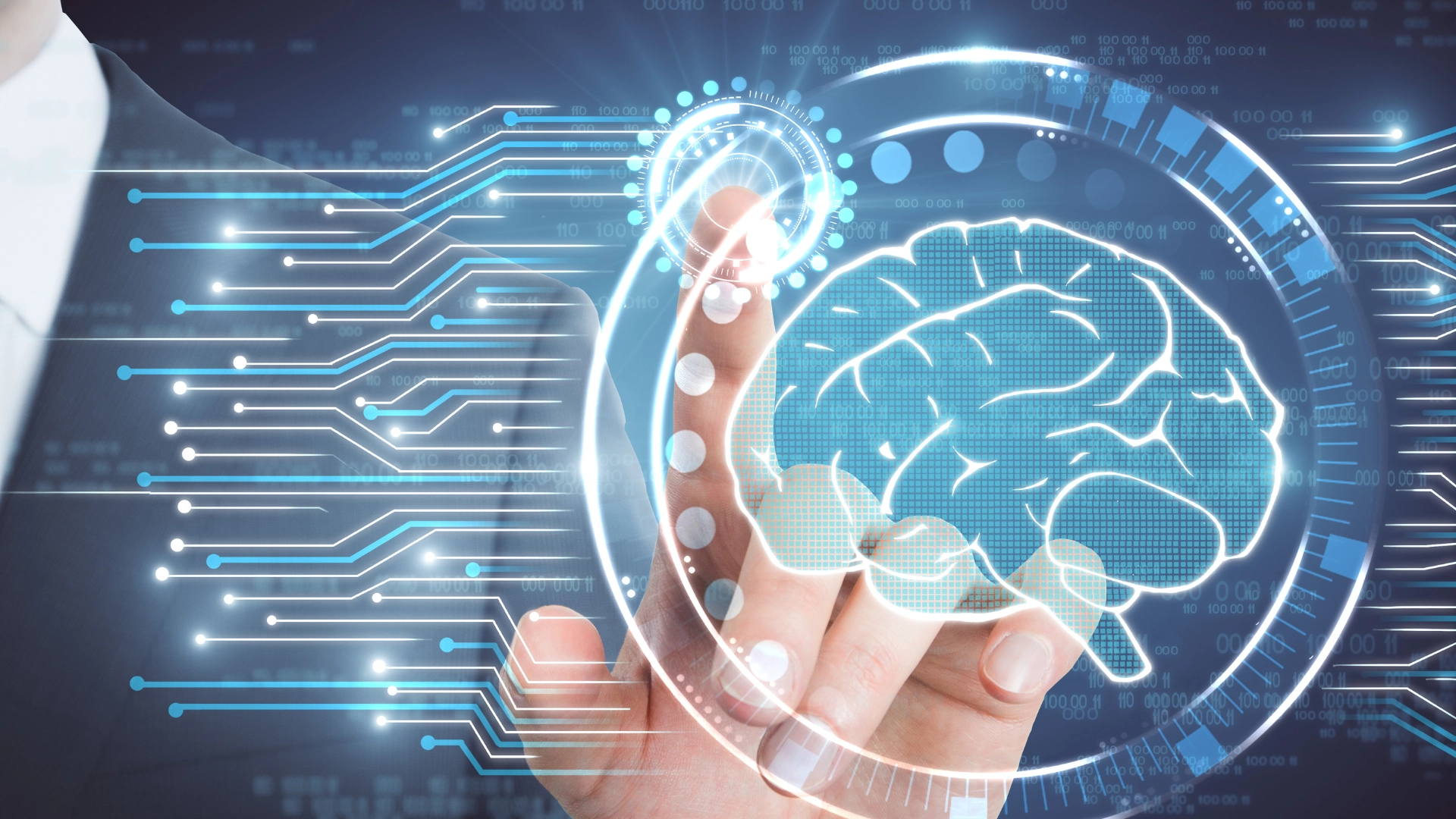 Interazione tra mano umana e cervello digitale simbolo di intelligenza artificiale