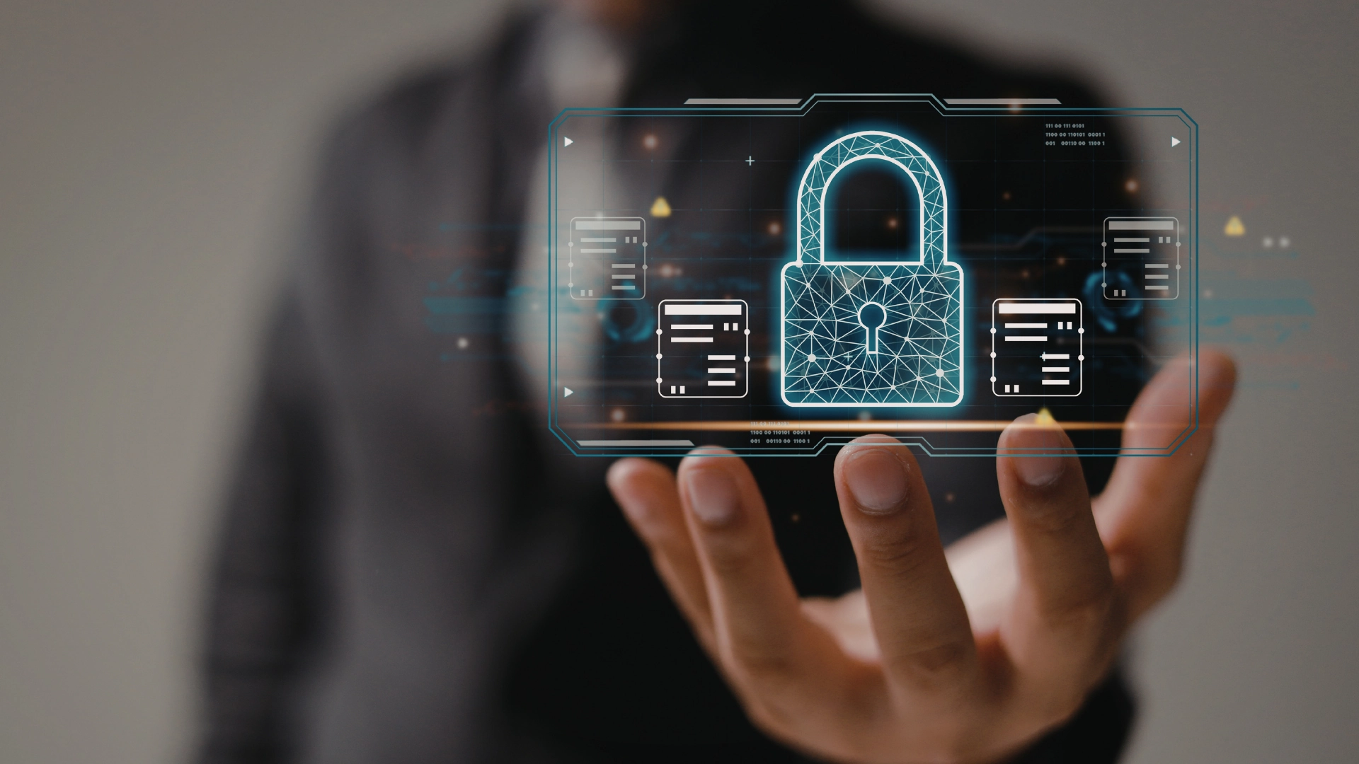 Hand showing a digital interface with padlock Cybersecurity symbol