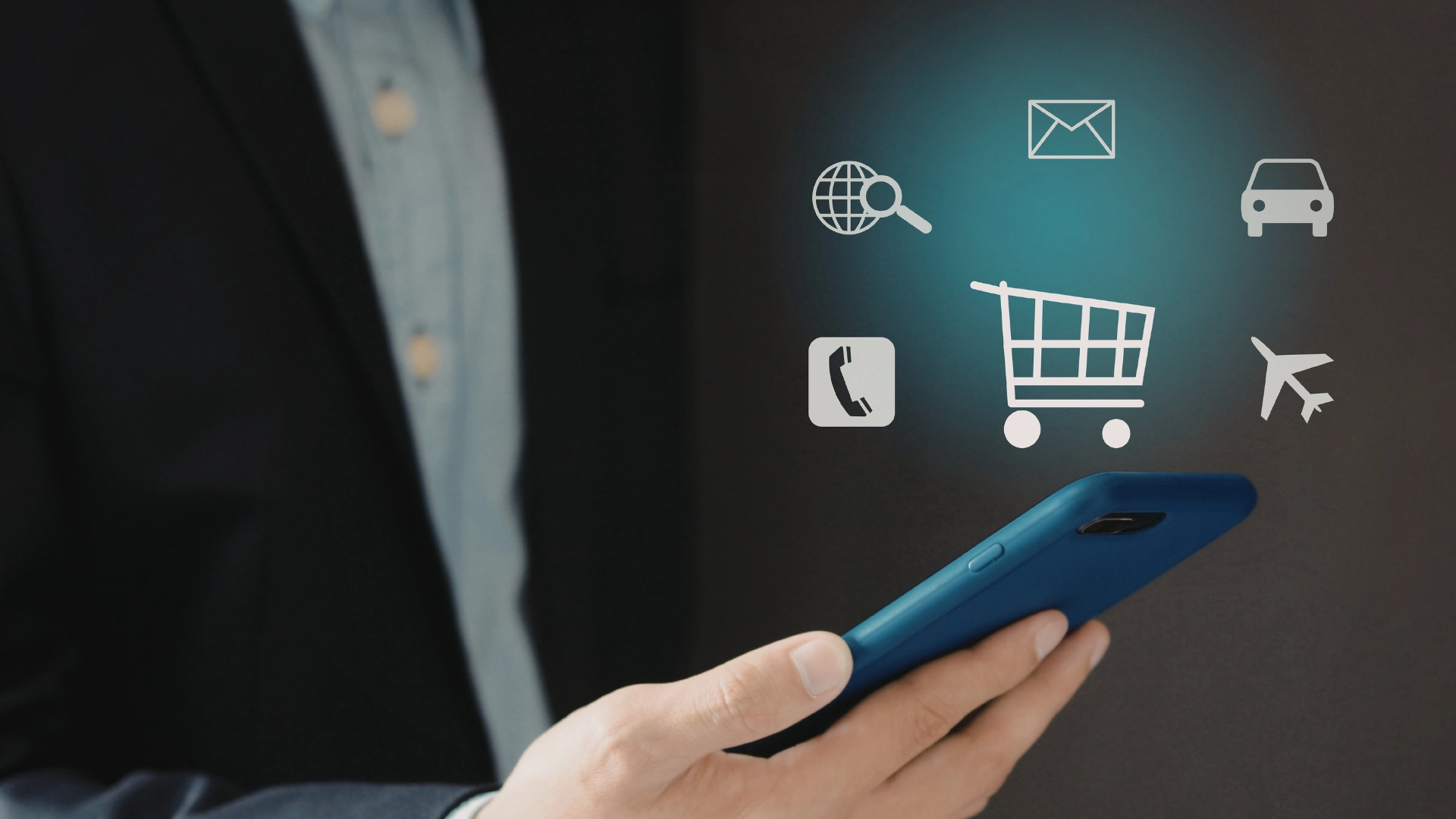 Person using smartphones with digital icons for searching, purchasing, and online services