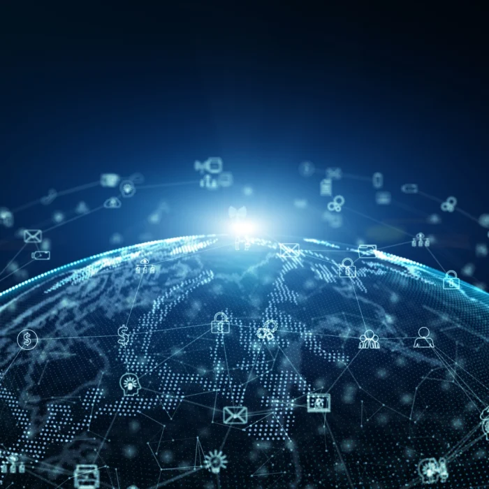 Globo terrestre digitale con connessioni e icone di rete globale