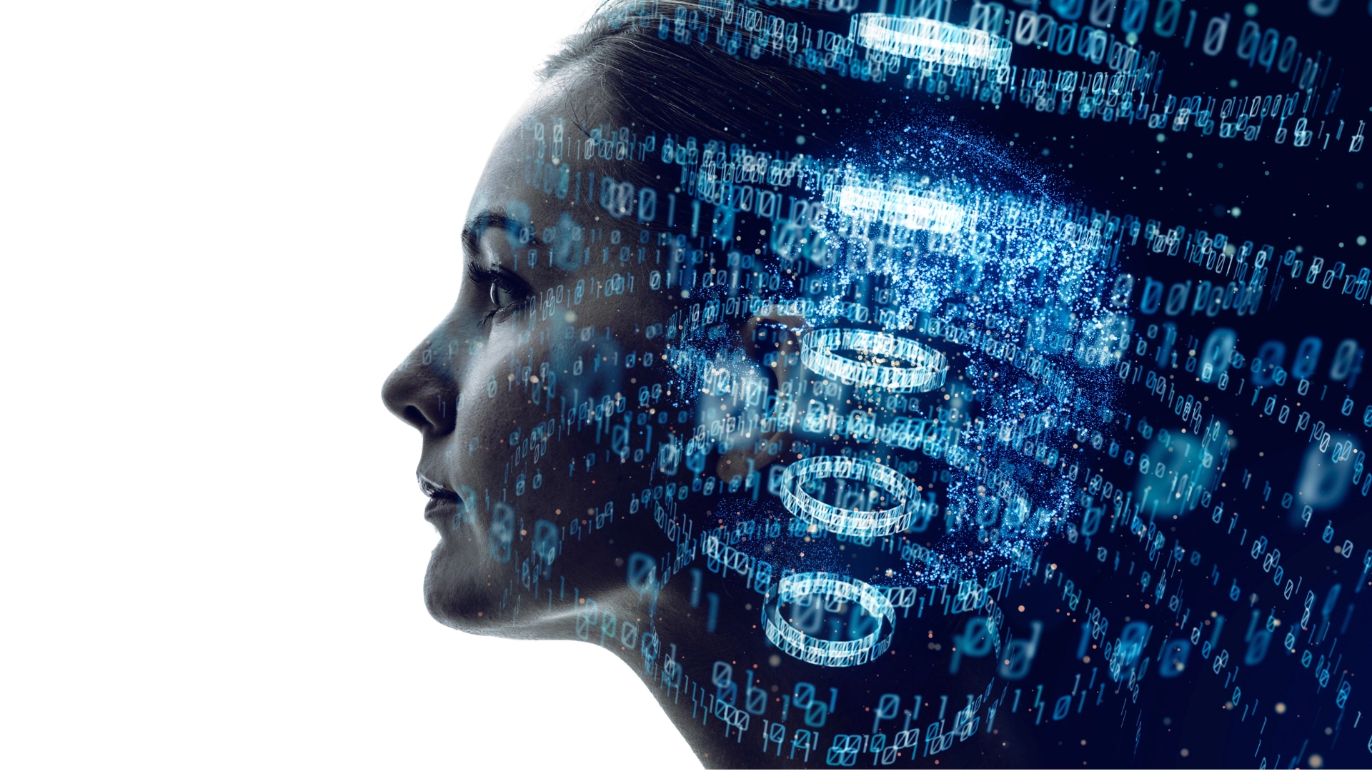 Volto umano con dati digitali e codice che rappresenta intelligenza artificiale